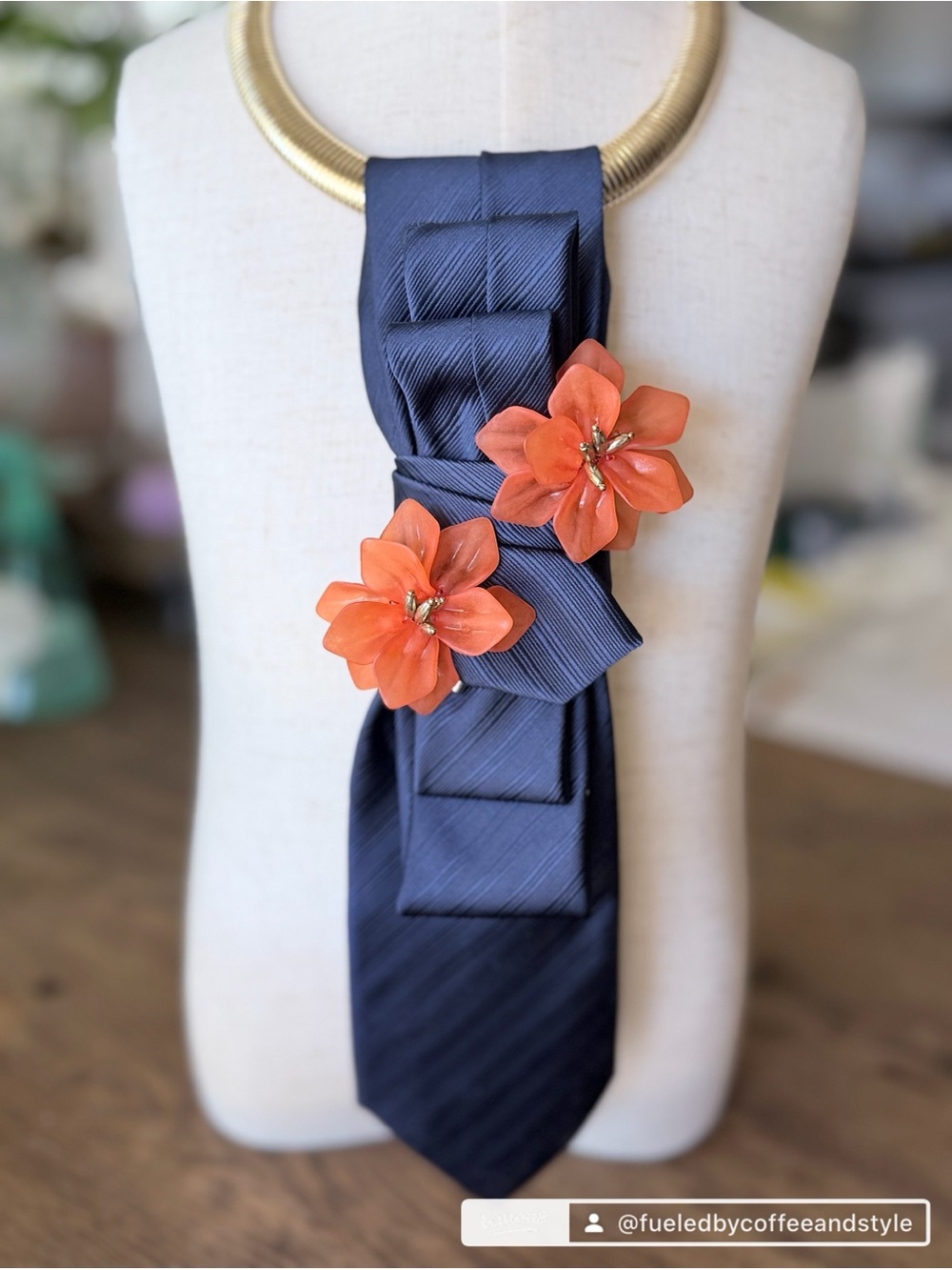 Handcrafted Navy Blue Neck Scarf with Orange Floral Accents